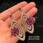 Luxury Pink Floral Embellished Sparkling Dangle Earrings Pink